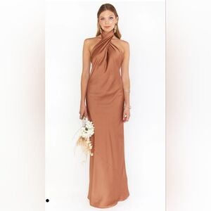 Show Me Your MuMu Copper Satin Backless Wrap Halter Bridesmaid Dress Size XS